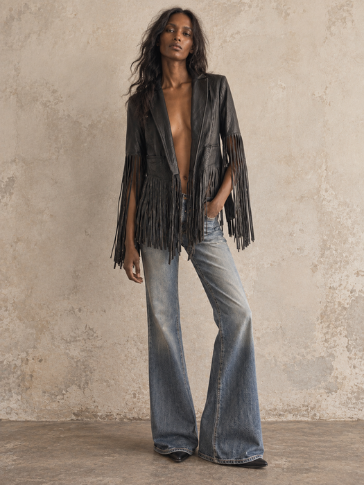 Kate Moss, for Top Shop Y2K navy leather fringed jacket