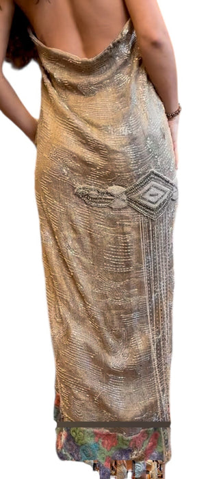 Rebecca, reworked 20s silver beaded lamé halter dress with floral motifs