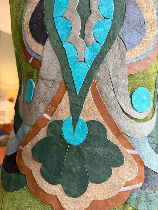 Basil, 70s olive green suede waistcoat with leather ties and handmade folk leather appliqué