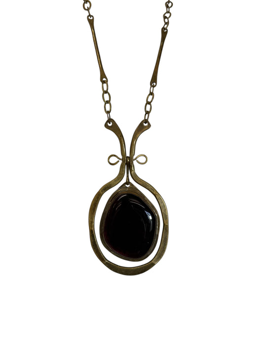 Felix, 70s modernist handmade brads chain and sculpted amber glass drop necklace