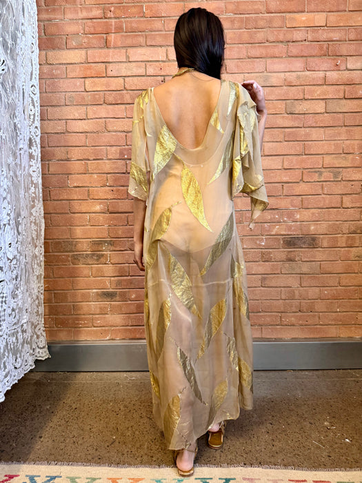 Molly, 20s silk chiffon dress with gold leaf print