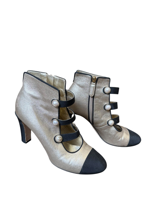 Chanel, Y2K gold and black heeled pearl button shoes