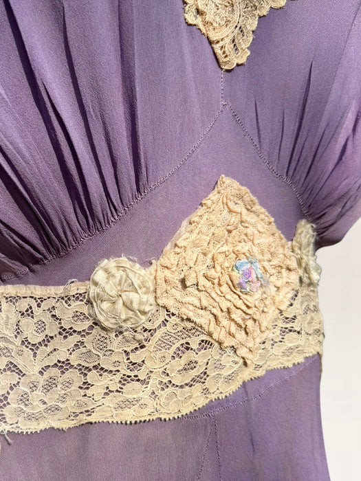 Lavender, 1930s hand dyed silk and lace dress with lace ribbon inserts