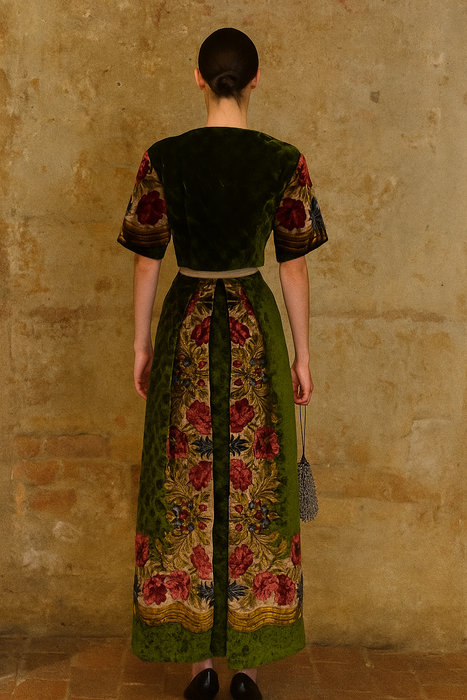 Olivia, reworked Edwardian olive green floral velour skirt and jacket
