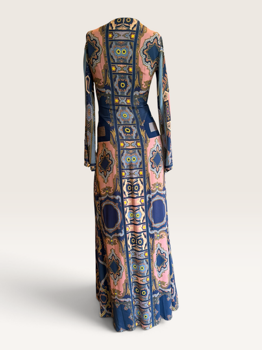 Etro, Fall 2015, runway geometric print beaded long jersey dress