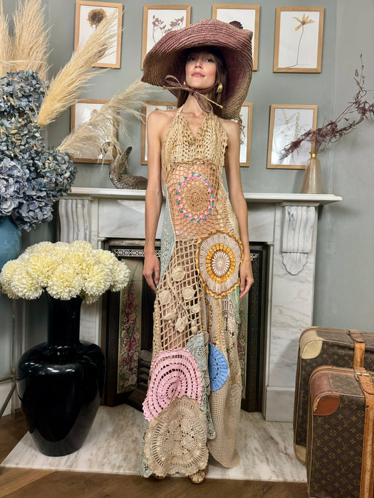 Omnia, vintage floral crochet long dress