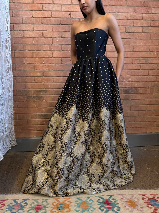 Alice, Y2K silk jacquard black and gold dress