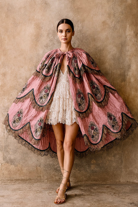 Troy, reworked Victorian silk floral and silver lace scalloped cape