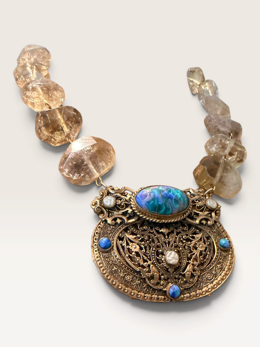 Jasmir, reworked lemon Quartz raw cut gems set with a  Victorian gold plated pendant