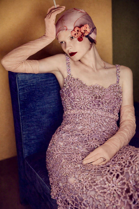 Juno, Couture 60s pink and silver crochet jewelled dress