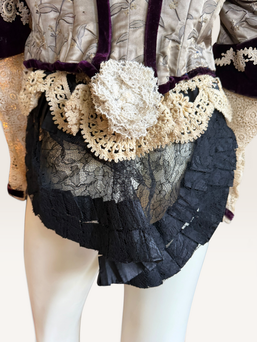 Carlotta, reworked Victorian silk damask and lace boned beaded jacket