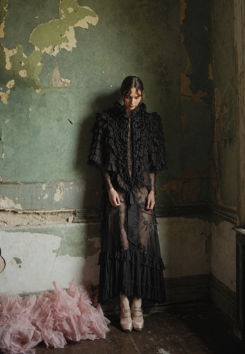 Elma, Victorian black silk ruffled cape with velour jet beaded collar