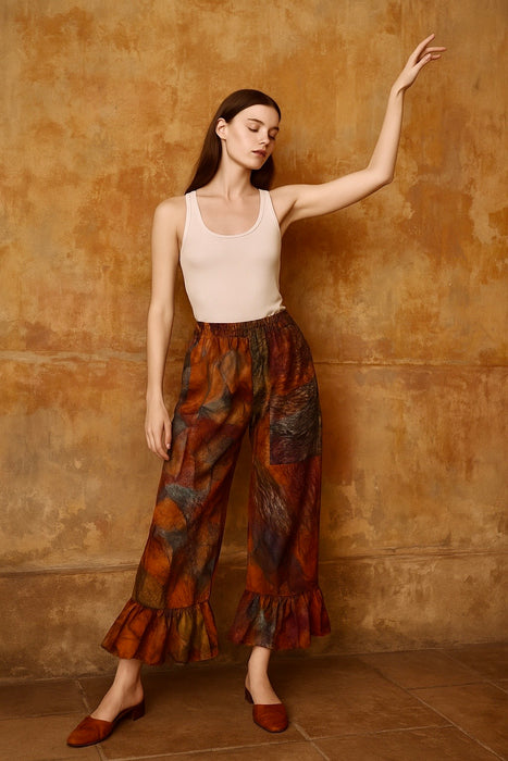 Petra, reworked hand painted elasticated frill trousers