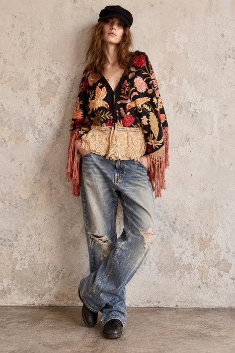 Jenx, reworked Hungarian 1930s fringed embroidered jacket