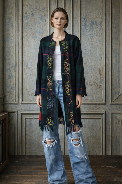 Cara, reworked 70s embroidered blanket plaid coat