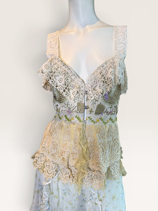 Sage, reworked Victorian embellished corset and organza frill long floral print skirt
