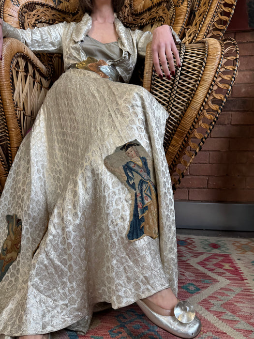 Mariam, 30s embroidered silver lamé long swing coat