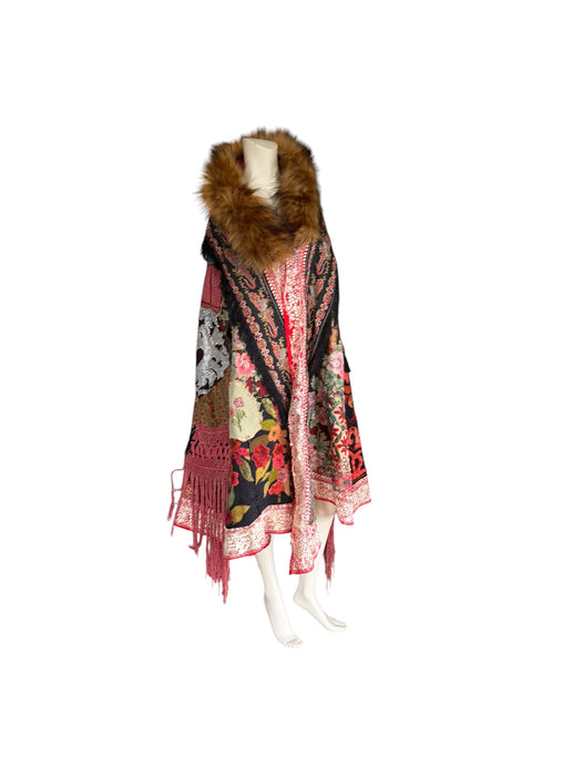 Stacey, reworked 1930, wool embroidered cape with faux fur collar