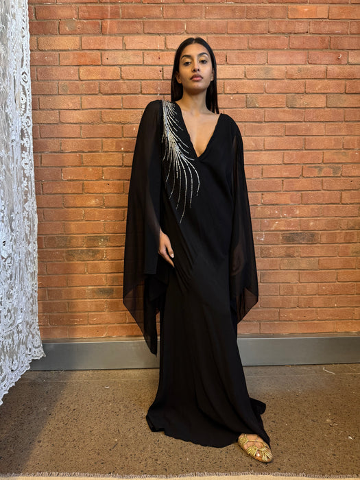 Virna, 30s black bias cut dress with angel sleeves and rhinestone detail