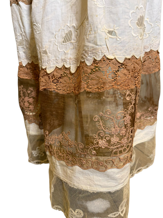 Miter, reworked 1920s French gold lamé and lace dress with Edwardian embroidery