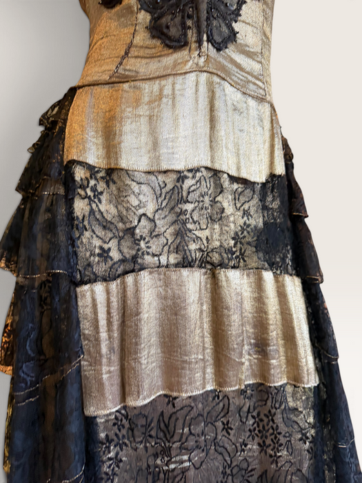 Fay, reworked 1930s gold and black lace tiered dress