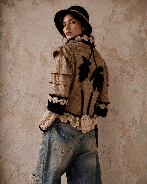 Carlotta, reworked Victorian silk damask and lace boned beaded jacket