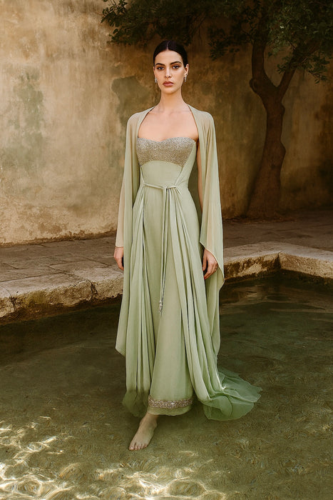 Emma, 1970s, silver beaded hand dyed chiffon dress and matching beaded robe and tie