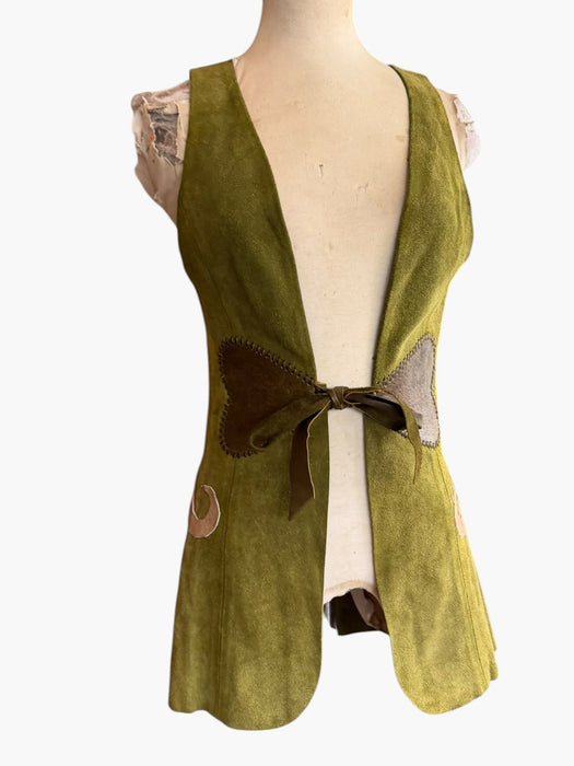 Basil, 70s olive green suede waistcoat with leather ties and handmade folk leather appliqué