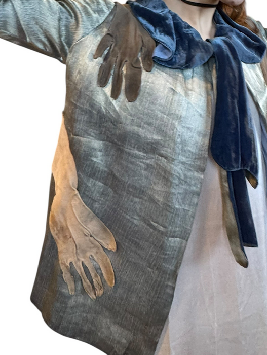 Serena, reworked 20s silver lamé and blue velvet jacket with 20s leather gloves