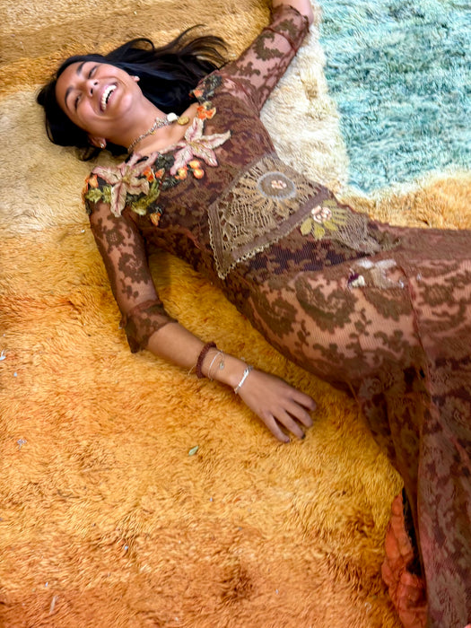 Arlo, 1930s burnt orange lace bias cut dress with Edwardian metallic embroidery and hand made silk florals