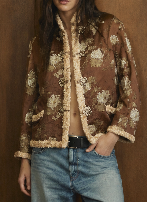 Edina, 70s Oriental camel silk damask teddy lined jacket