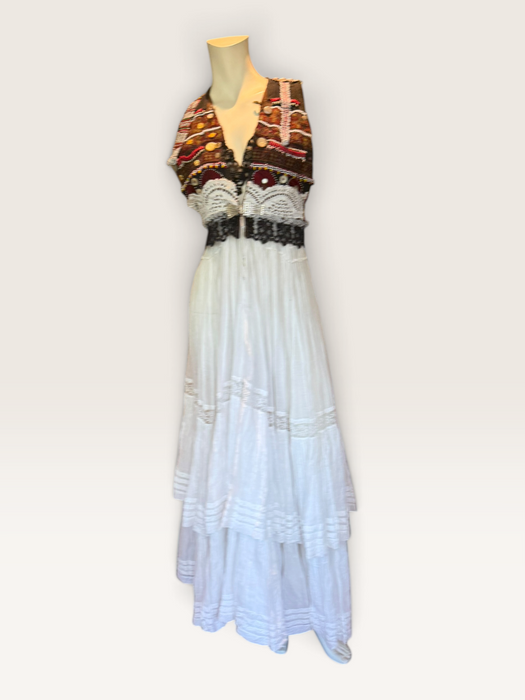 Natalia, reworked Victorian tiered skirt and Afghan beaded dress