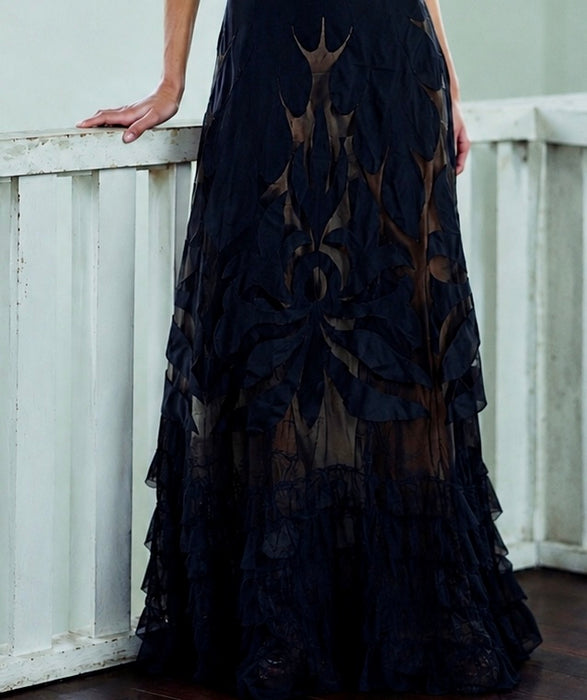 Oriel, 30s black net silk cut out frill dress