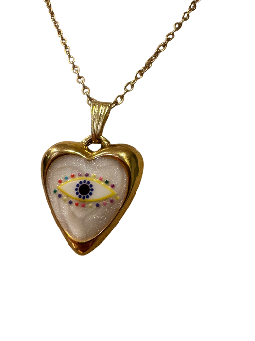 Erin, vintage heart shape ceramic eye charm and 14 c gold pendant and chain