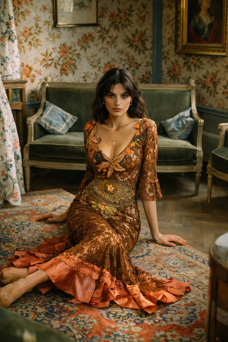 Arlo, 1930s burnt orange lace bias cut dress with Edwardian metallic embroidery and hand made silk florals