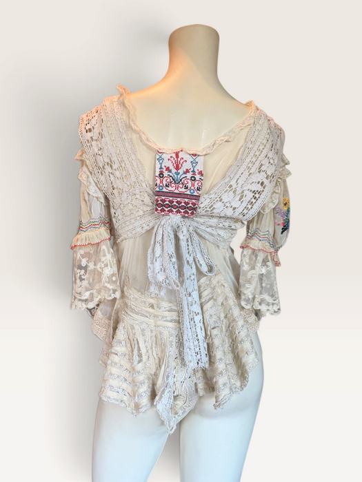 Paulina, reworked antique lace blouse with Romanian silk embroidered sleeves and collar