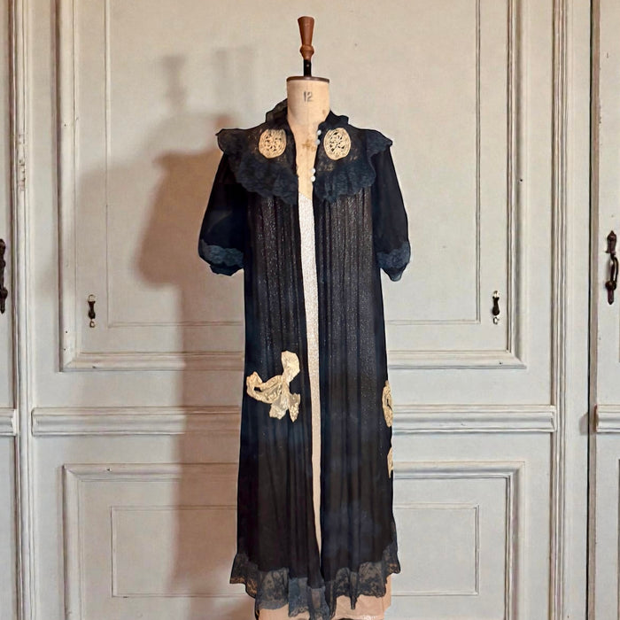 Gina, 30s black chiffon and lace robe with cream lace bows