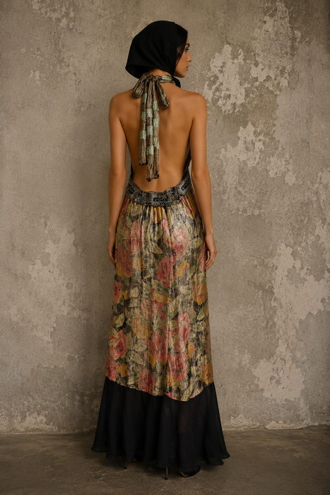 Dray, reworked 1920s floral lamé and metallic dress with glass black jet beaded fringed waistband