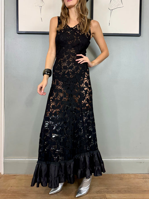 Claude, 30s black lace bias cut dress