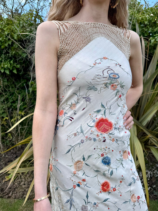 Caprice, reworked 40s silk embroidered floral shawl dress