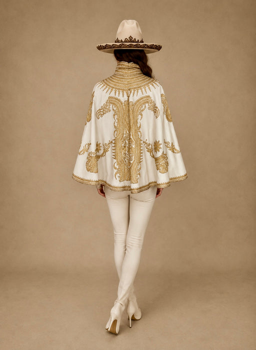 Shay, Ottoman cream and gold embroidered cape with cream lace ruffle collar