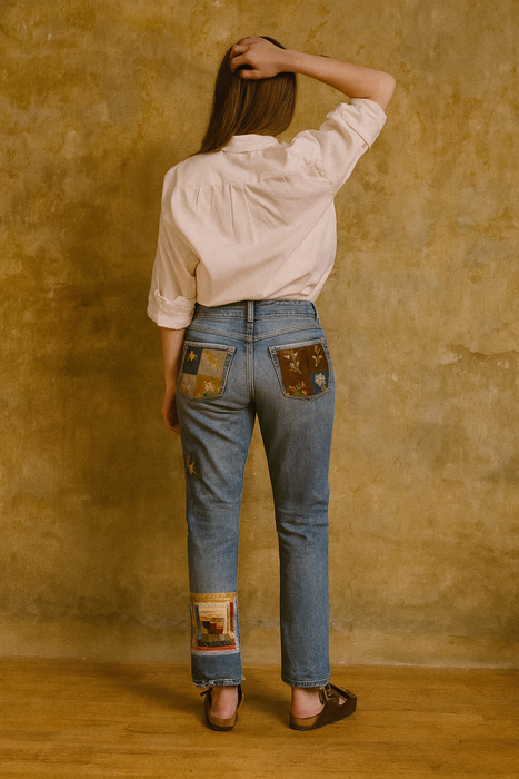 OV Denim, reworked 70s flair jeans with Victoria patches