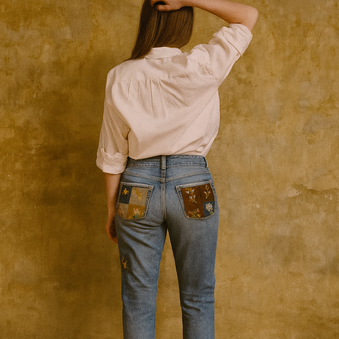 OV Denim, reworked 70s flair jeans with Victoria patches