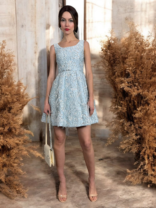 Oscar de la Renta, beaded feather pale blue dress