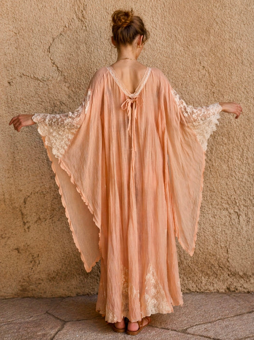 Aurora, 70s hand dyed cheesecloth and lace angel sleeve kaftan