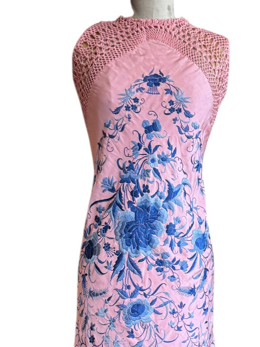 Lali, reworked 40s pink and blue fringed piano shawl embroidered dress