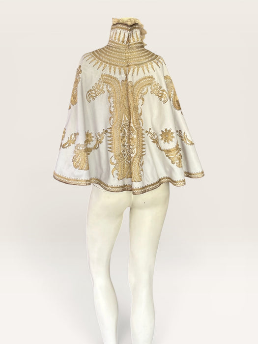 Shay, Ottoman cream and gold embroidered cape with cream lace ruffle collar