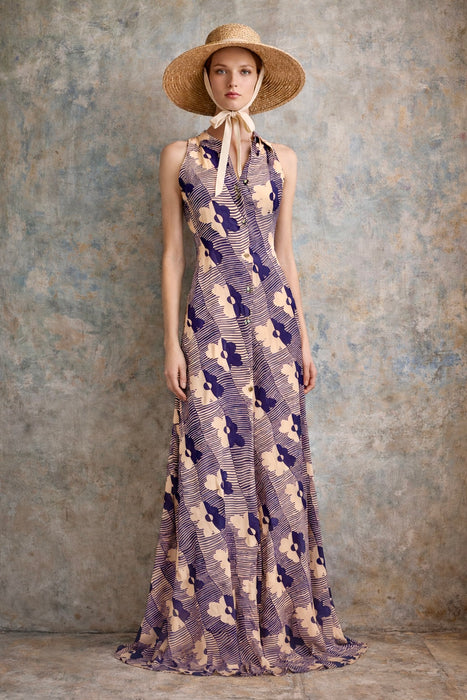 Mary, 70s silk floral print halter dress, bolero and belt