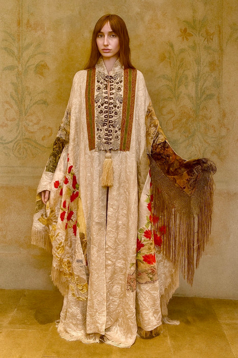 Donna, Reworked 40s Kashmiri embroidered patchwork fringed cape
