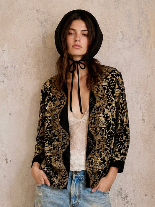 Pagoda, 1930s Chinese embroidered silk jacket with metallic gold embroidery